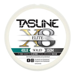 Tasline Elite X8 solid braid spool graphic, 40lb rating on a 150m spool with breaking strain data