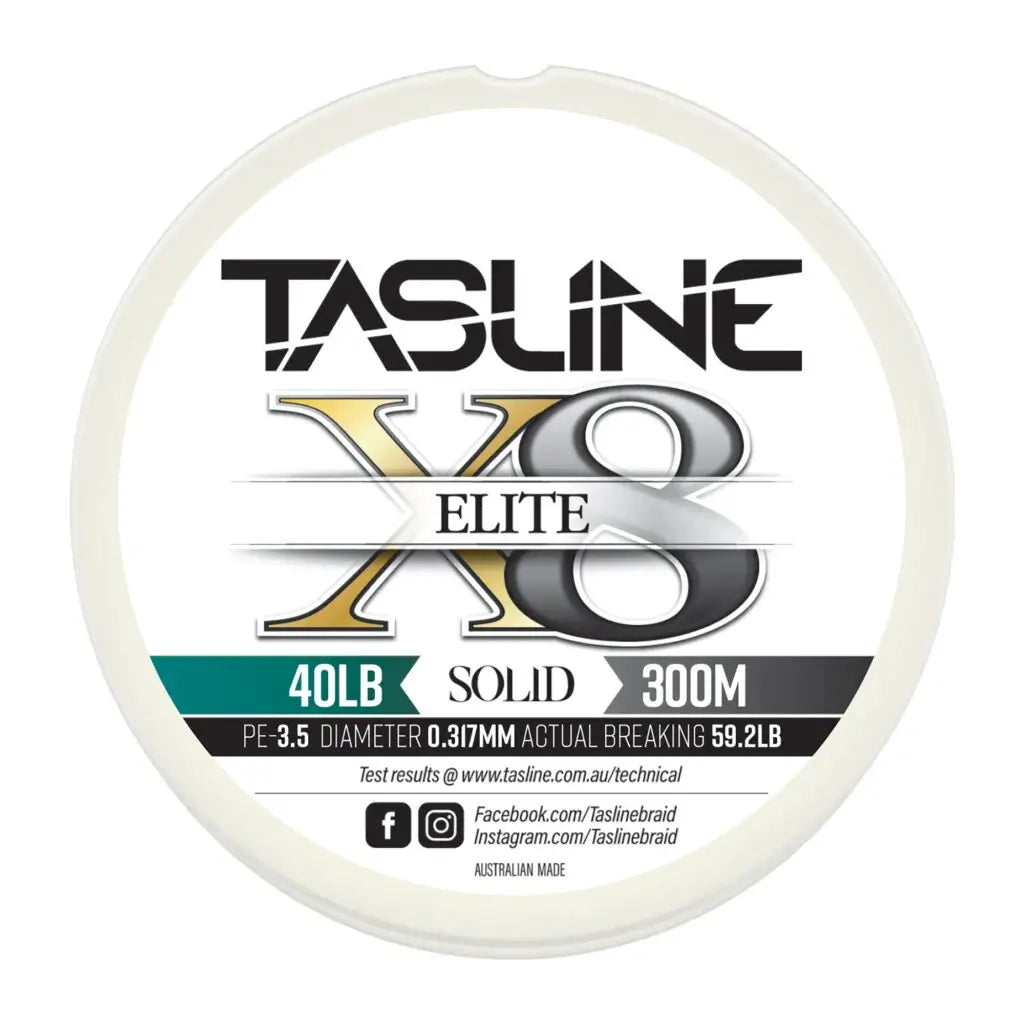 Tasline Elite X8 solid braid spool graphic, 40lb rating on a 300m spool with breaking strain data