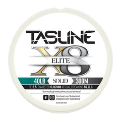 Tasline Elite X8 solid braid spool graphic, 40lb rating on a 300m spool with breaking strain data