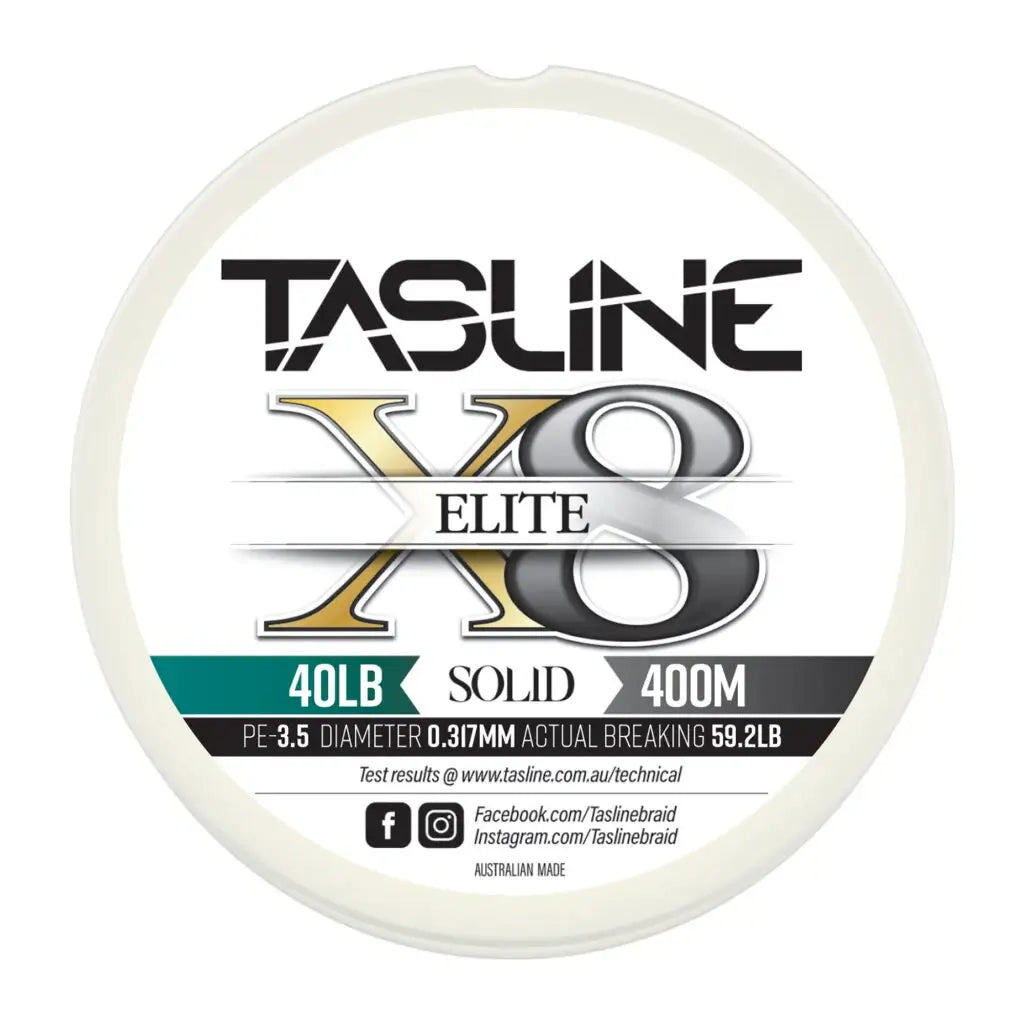 Tasline Elite X8 solid braid spool graphic, 40lb rating on a 400m spool with breaking strain data