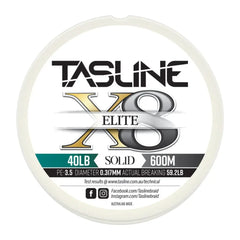 Tasline Elite X8 solid braid spool graphic, 40lb rating on a 600m spool with breaking strain data