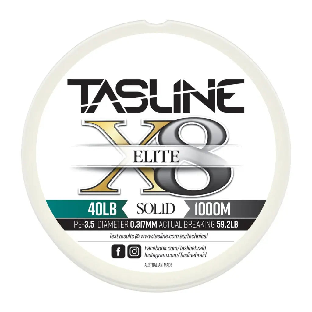Tasline Elite X8 solid braid spool graphic, 40lb rating on a 1000m spool with breaking strain data