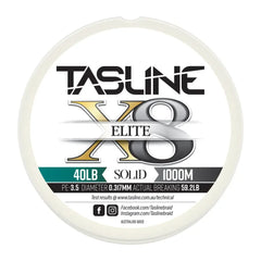 Tasline Elite X8 solid braid spool graphic, 40lb rating on a 1000m spool with breaking strain data