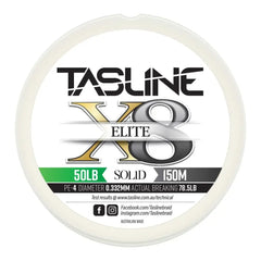 Tasline Elite X8 solid braid spool graphic, 50lb rating on a 150m spool with breaking strain data