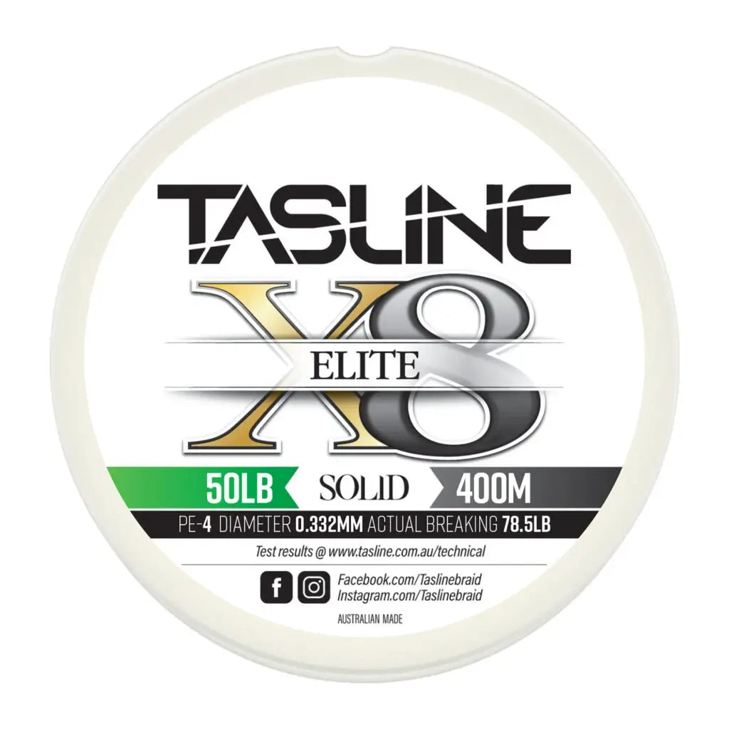 Tasline Elite X8 solid braid spool graphic, 50lb rating on a 400m spool with breaking strain data