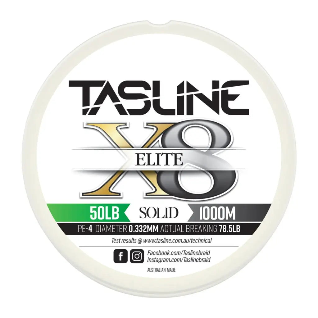Tasline Elite X8 solid braid spool graphic, 50lb rating on a 1000m spool with breaking strain data