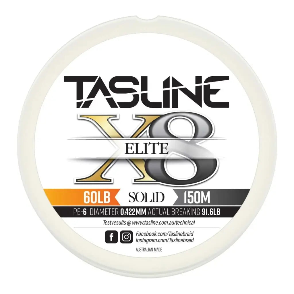 Tasline Elite X8 solid braid spool graphic, 60lb rating on a 150m spool with breaking strain data
