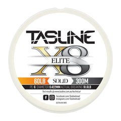 Tasline Elite X8 solid braid spool graphic, 60lb rating on a 300m spool with breaking strain data