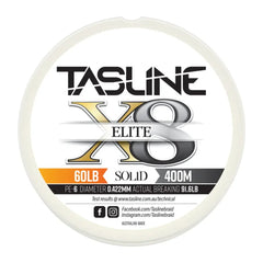 Tasline Elite X8 solid braid spool graphic, 60lb rating on a 400m spool with breaking strain data