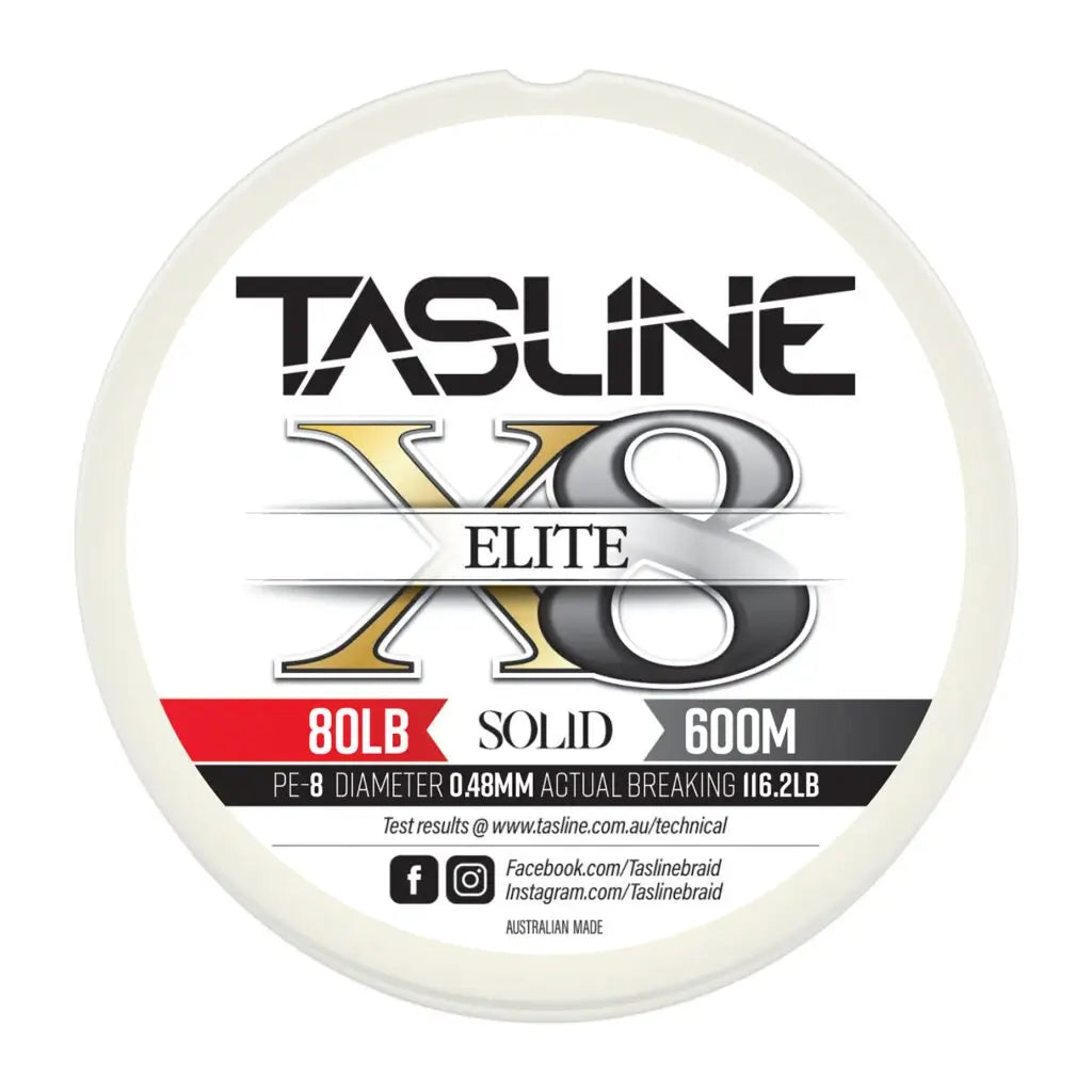 Tasline Elite X8 solid braid spool graphic, 80lb rating on a 600m spool with breaking strain data