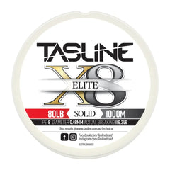 Tasline Elite X8 solid braid spool graphic, 80lb rating on a 1000m spool with breaking strain data