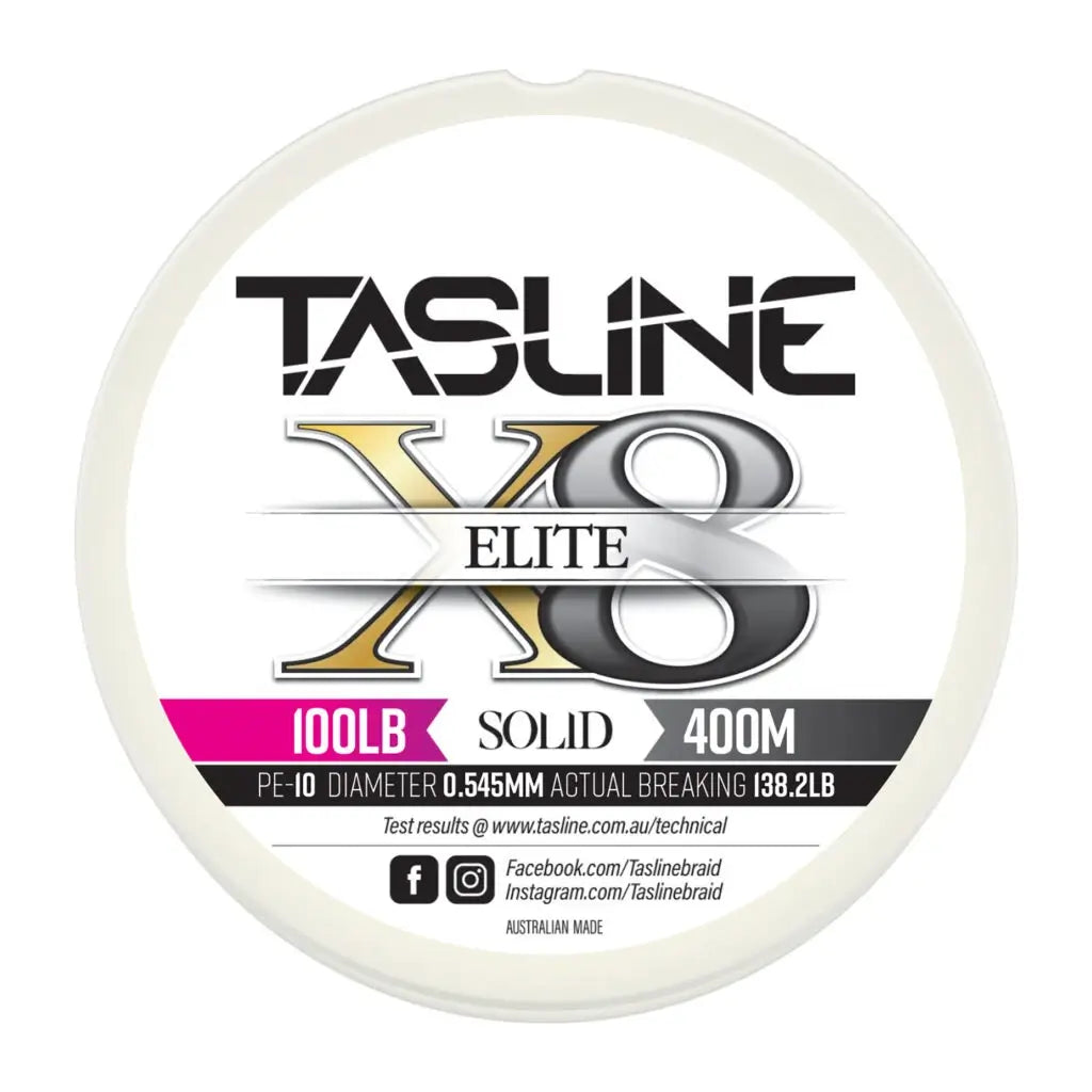 Tasline Elite X8 solid braid spool graphic, 100lb rating on a 400m spool with breaking strain data