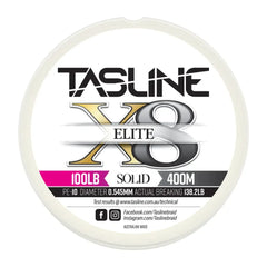 Tasline Elite X8 solid braid spool graphic, 100lb rating on a 400m spool with breaking strain data