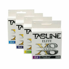 Stack of Tasline Elite X8 braid fishing line retail packs shown in 12lb, 20lb and 30lb ratings