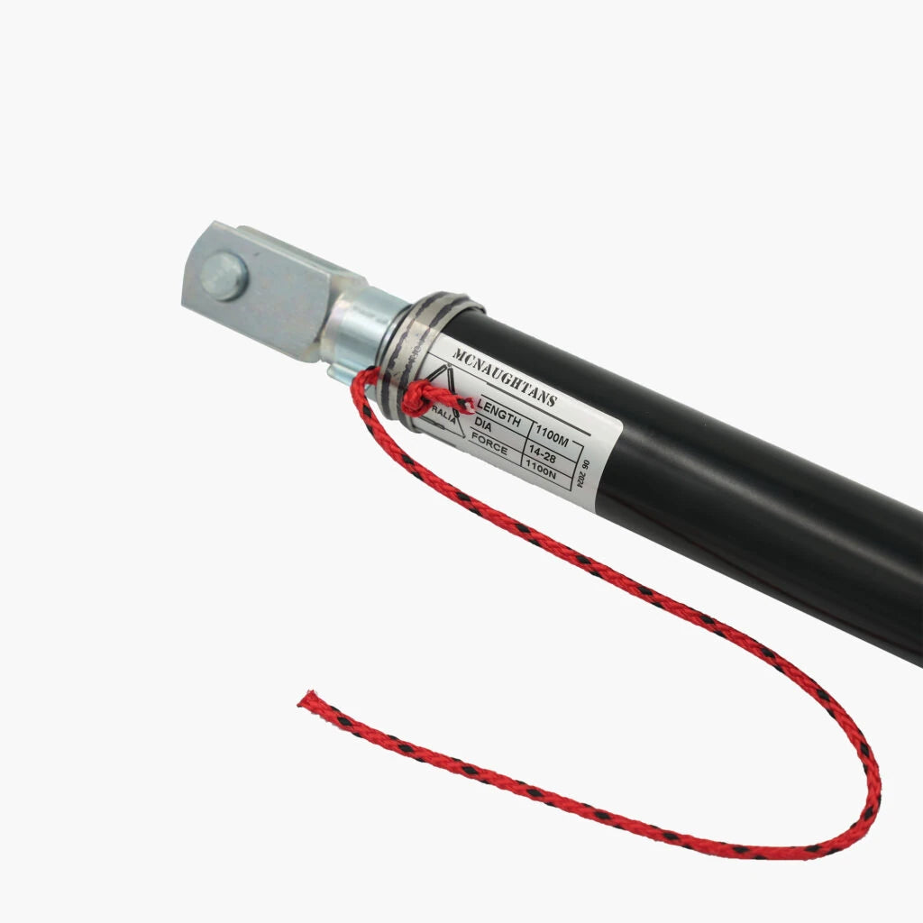 Will-I Kayak Loader gas assist strut, black cylinder with an alloy end fitting and red cord
